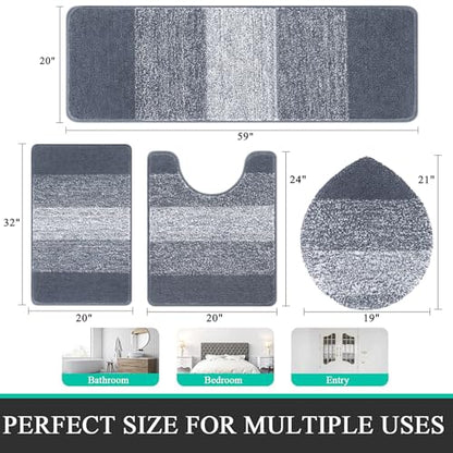 Bsmathom Bathroom Rug Set 4 Piece, Plush Microfiber Bath Mat, Dark Gray | Extra Water Absorbent, Non Slip Washable Runner Bath Rugs with Toilet Lid Cover and U-shaped Contour Toilet Mat - color: Dark Grey, size: 20"x31"+20"x59"+U20"x24"+Cover19"x21"