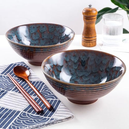 Ceramic Japanese Ramen Bowl Set, 2 Sets Asian Pho Udon Soup Noodle Bowls with Spoons and Chopsticks (Peacock Green, 8 inches) - color: Peacock Green