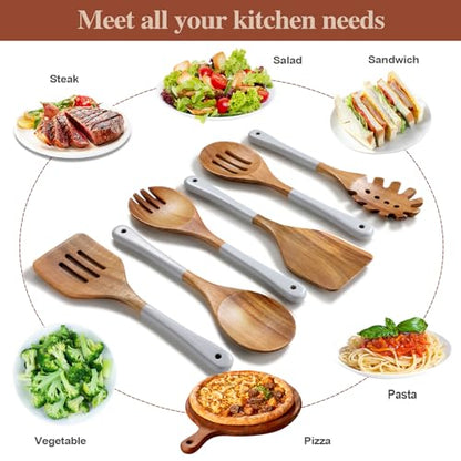 Wooden Spoons For Cooking, 6 Pieces Natural Acacia Wooden Cooking Utensils or Non-Stick Wooden Kitchen Utensil Set for Kitchen Essentials, Wood Cooking Utensils Set with Hanging Hole, Grey - color: Gray