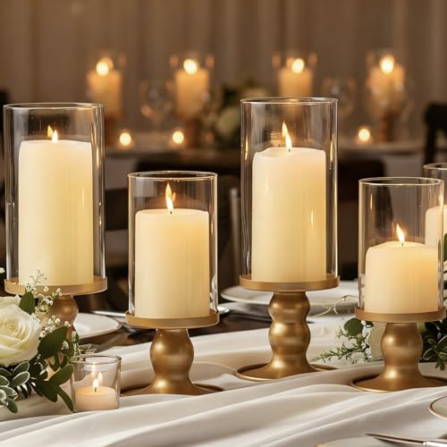 NITIME 4Pcs Hurricane Candle Holder for Pillar Candles, Gold Candle Holders with Clear Glass Sleeve for Table Centerpieces,Pillar Candle Holders for Home Decor, Wedding, Holiday and Party Decor - color: Gold