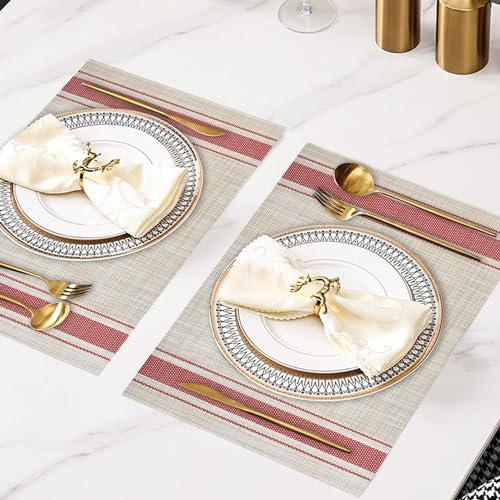 DACHUI Placemats Set of 8, Heat Resistant, Washable Woven Vinyl Place Mats - color: Red Stripes, size: 8PCS