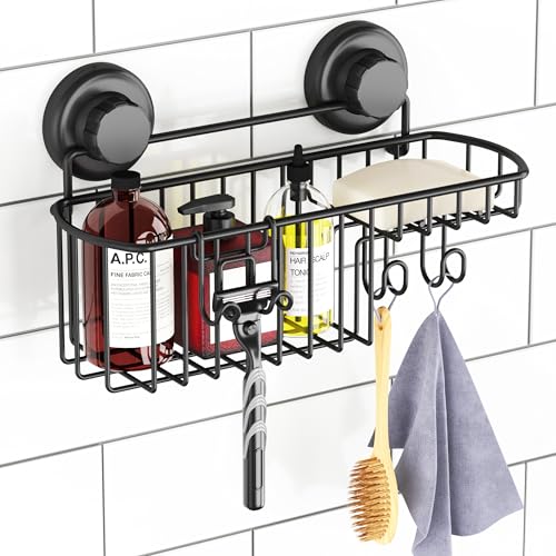 HASKO Shower Caddy Suction Cup, Shower Shelf with Soap Dish and Hooks Organizer, Suction Bathroom Shelf for Storage, Wall Mounted Basket, Black - color: Black (1 Pack)