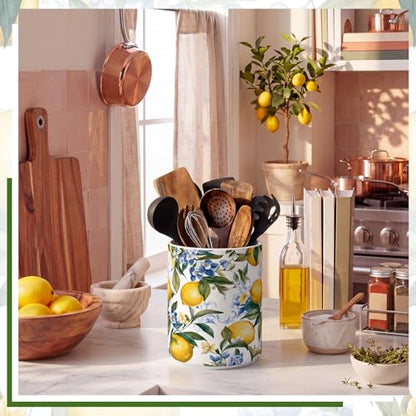 Lemon Ceramic Utensil Holder 6.3 Inch Rustic Kitchen Crock Summer Lemon Floral Design Countertop Storage Organizer for Spatula and Spoon Home Cooking Unique Gift Idea - style: Lemon