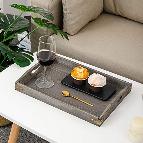 Country Farmhouse Rustic Wood Nesting Dinning Breakfast Serving Trays with Wood Handles, Set of 3,Can Put Food, Fruit, Plates｜Ottoman Decorative Coffee Table Tray (Rock Grey) - color: Rock Grey