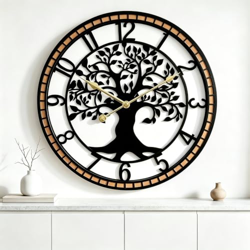 Large Wall Clock for Living Room Decor 24 Inch Tree of Life Metal Wall Art, Non-Ticking Battery Operated Metal Black with Solid Wood Frame for Office/Bedroom/Kitchen/Dining Room Decoration - size: B 24 Inch