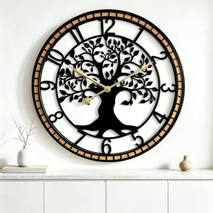 Large Wall Clock for Living Room Decor 24 Inch Tree of Life Metal Wall Art, Non-Ticking Battery Operated Metal Black with Solid Wood Frame for Office/Bedroom/Kitchen/Dining Room Decoration - size: B 24 Inch