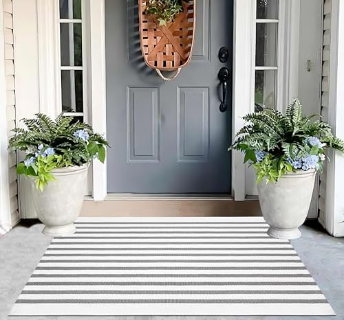 Striped Outdoor Porch Rug 27.5"x43",Grey and White Washable Doormat | Cotton Woven Layered Doormat Entryway Rug for Indoor Outdoor, Front Door & Home Entrance Decor - color: Grey White, size: 2'4" x 3'7" (Rectangular)
