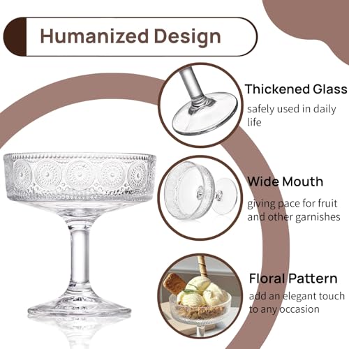 Pumtus Set of 6 Vintage Coupe Glasses, 7 OZ Embossed Martini Glass, Floral Fluted Cocktail Glasses, Unique Clear Margarita Cup, Romantic Drinking Glassware for Cocktail Wine Champagne