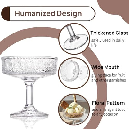 Pumtus Set of 6 Vintage Coupe Glasses, 7 OZ Embossed Martini Glass, Floral Fluted Cocktail Glasses, Unique Clear Margarita Cup, Romantic Drinking Glassware for Cocktail Wine Champagne