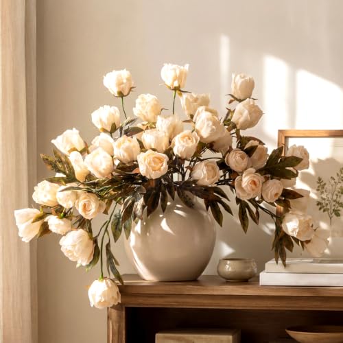 Thiccywoov Faux Silk Peony Artificial Flowers Stem for Vase,8 Pcs,Light | Champagne Fake Peonies Branches with Stems, for Fall Autumn Home DIY Bouquet Centerpieces Wedding Arrangements Shower Decor - color: Light