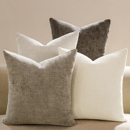 Textured Chenille Pillow Covers 20x20, Pack of 4, Light Brown | Thick Textured Chenille - color: Neutral, size: 20" x 20" (Pack of 4)