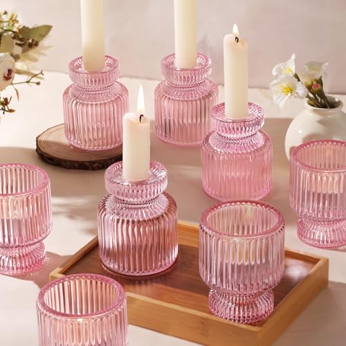 12 Pcs Glass Candlestick Holders- Pink Taper Candlestick Holders Tealight Votive Candle Holders for Table Centerpieces, Wedding, Dinner Party, Home Decor - color: Pink, size: 12Pcs