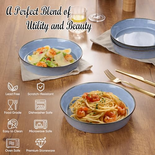 E-far Pasta Bowls, 34oz Stoneware Bowl Plate for Dinner Serving Soup Salad, Wide & Shallow Large Ceramic Pasta Plate Set of 4, Microwave & Dishwasher Safe, Reactive Glaze with Rim, Ocean Blue - color: Ocean Blue