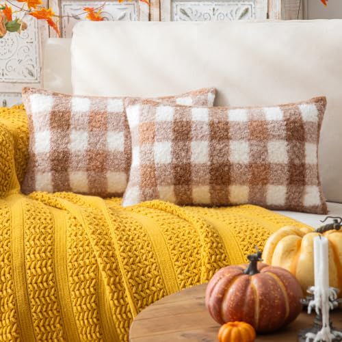 AQOTHES Plaid Fall Throw Pillow Covers Brown White 12x20 Inch Set of 2 | Boucle Decorative Pillow Covers, Autumn Cozy Fluffy Home Farmhouse Decor, for Living Room Sofa Couch Bed, Holiday Decorations - color: Brown White, size: 20" x 12" (Pack of 2)