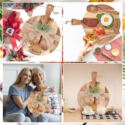 Patelai Cutting Board Gift Housewarming Cutting Board with Spoon Fork and Ribbon Charcuterie Boards Wooden Serving Tray for Cheese Fruit Bread Salad Vegetables Snack Dessert - style: round