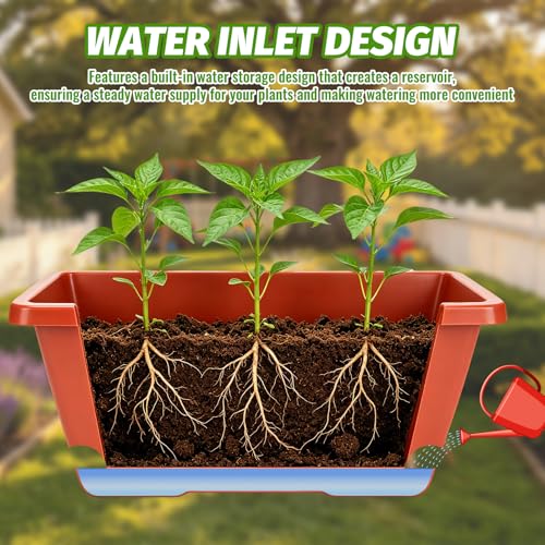 7 Pack 17 Inch Rectangular Plastic Window Box Planters(Brick-red) | Includes trowel, waterproof mat & gloves, perfect for indoor/outdoor herbs, veggies, and flowers - color: Brick-red