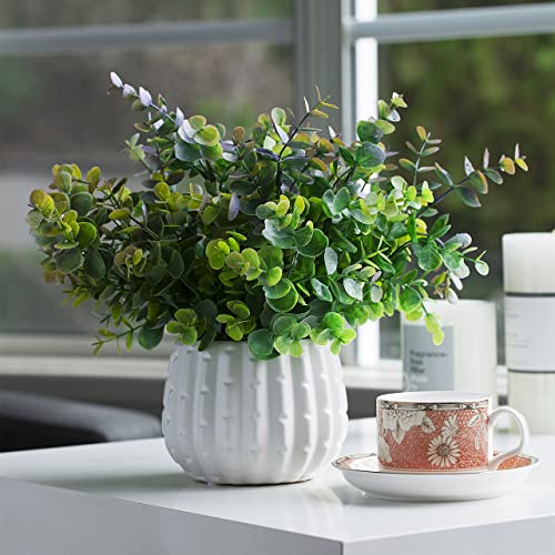 Potted Plants Artificial Decor, Artificial Eucalyptus Plants in White Ceramic Pots, Small Potted Fake Plants for Decorations