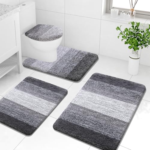 Arotive Microfiber Bathroom Rugs Sets 4 Piece, 24x16+30x20+24x20+17.5x15 | Grey, Soft Absorbent Bath Mats, Machine Wash Dry U-Shaped Contour Rug and Toilet Lid Cover for Bathroom - color: Grey, size: 30" X 20" + 24" X 16" + 24" X 20" + 17.5" X 15"