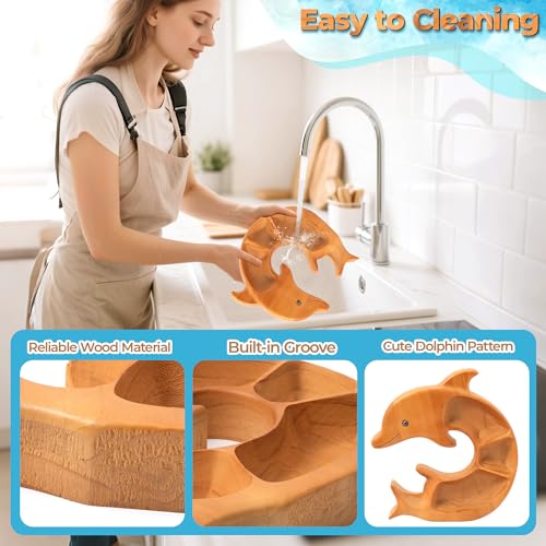 Charcuterie Board Platter Dolphin - Wooden Serving Tray for Cheese Fruit Snacks, 4-Compartment Ocean Theme Decorative Natural Wood Plates for Party Housewarming Gift Home Kitchen Supplies