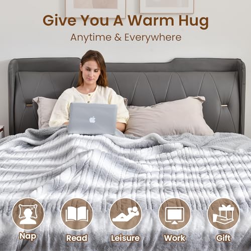 Bearhug Electric Blanket King Size 100" x 90" Dual Controllers Heated Blanket, 10 Heat Settings, 1-12 Hour Auto Shut-Off, Faux Fur & Sherpa Dual-Sided, Machine Washable, Gift-Ready Elegant Packaging - color: Silver Shade Gradient Stripe, size: King Size 1