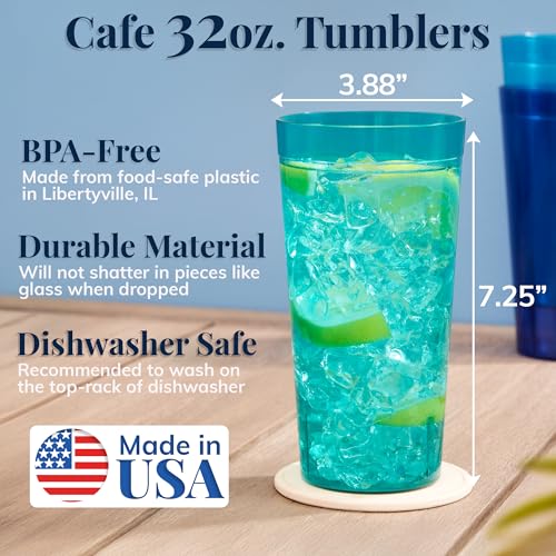 US Acrylic Café Plastic Reusable Tumblers (Set of 12) 32-ounce Iced-Tea Cups, Coastal | Value Set of Restaurant Style Drinking Glasses, Stackable, BPA-free, Made in the USA | Top-rack Dishwasher Safe - color: Coastal, size: 32 ounces