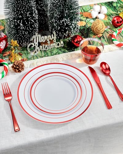 350 Piece Red Plastic Dinnerware Set for 50 Guests | Disposable Dinnerware Includes: 50 Dinner Plates, 50 Dessert Plates, 50 Pre Rolled Napkins with Silverware, 50 Cups - color: White Red, style: 350 Piece (50 guests)