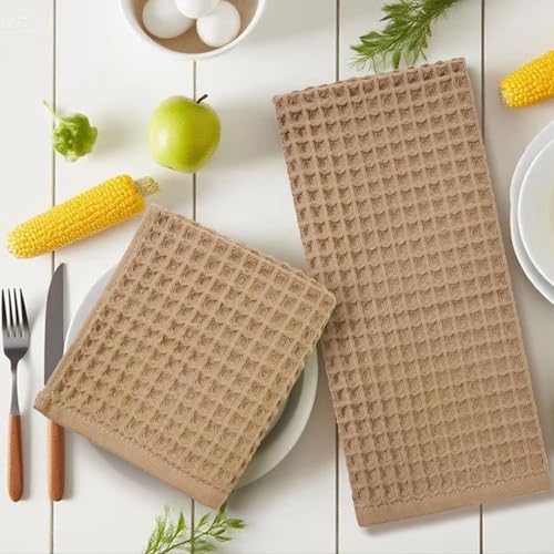 Waffle Bathroom Hand Towels 2-Piece (Tan) – Cotton, Soft, Lightweight | Lint Free, 13” x 29” - color: Tan