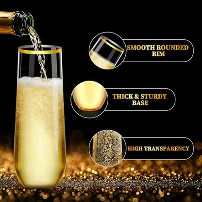 24 Pack Gold Rim Stemless Champagne Flutes, 9 oz Clear Disposable Plastic Glasses, Heavy Duty Shatterproof Recyclable Mimosa Glasses for Party Wine Tasting Wedding New Years Eve Party Supplies - color: Gold RIm, size: 24-Pack