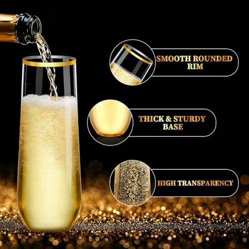 48 Pack Gold Rim Stemless Champagne Flutes, 9 oz Clear Disposable Plastic Glasses, Heavy Duty Shatterproof Recyclable Mimosa Glasses for Party Wine Tasting Wedding New Years Eve Party Supplies - color: Gold RIm, size: 48-pack