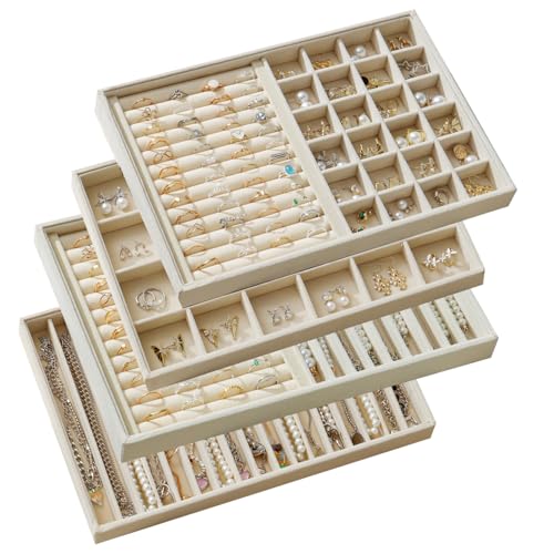 Large Velvet Jewelry Drawer Organizer Trays Set of 4 | Stackable Jewelry Trays Organizer Display Storage Showcase for Earring Necklace Bracelet Ring (Beige, R1+R2+16+24 Grids) - color: Beige, size: R1+R2+16+24 Grids