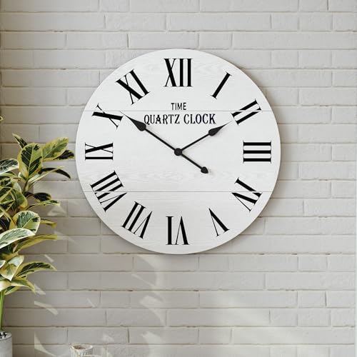 ARTPOWER 24” Large Farmhouse Wall Clock with Roman Numeral, White | Shiplap Wall Clock, Nearly Non-Ticking, Round Wall Clocks for Living Room Decor, Office, Bedroom, Entrance - color: White, size: 24"W x 24"H