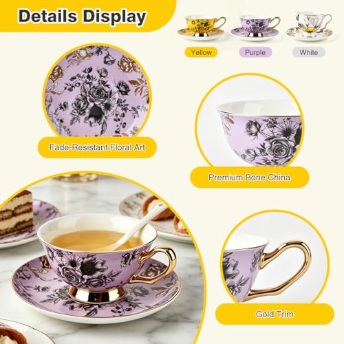 Bone China Tea Cup and Saucer Set for 1 with Spoon, Floral, 6.76 oz - color: purple01