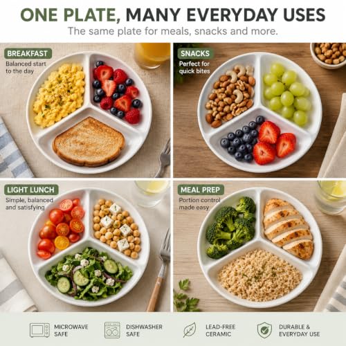 Portion Control Plate, 1 Count, 7-Inch Ceramic, White | 1 Plate with 3 Compartments for Small Meals, Microwave & Dishwasher Safe