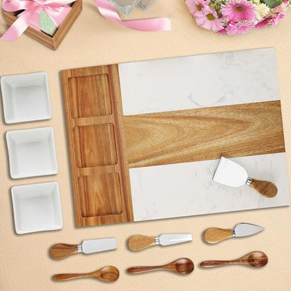 Marble Cutting Board Set, Charcuterie Cheese Boards, 3 Bowls, 3 Spoons, 4 Charcuterie Utensils, Meat, Fruits, Vegetables, Housewarming, Wedding - Marble Blank - style: Marble-Blank