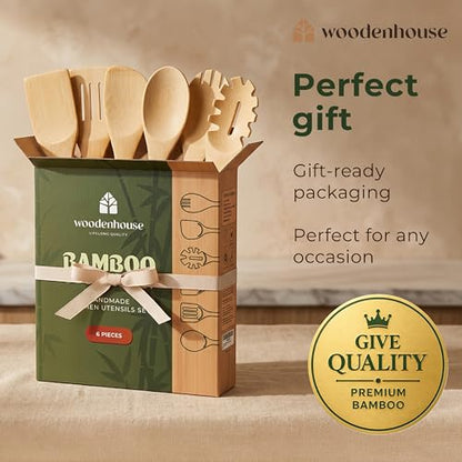 Wooden Spoons for Cooking, 6 Pcs Bamboo Utensil Set – Nonstick Safe | Heat-Resistant, Easy to Clean & Sturdy – Smooth Finish with Comfortable Handles, Food-Safe - size: 6 Pieces