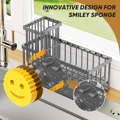 Sponge Holder for Kitchen Sink,Smiley Face Sink Caddy with Removable Brush Holder,Self-Draining Sponge Caddy for Soap,Dish Brush,Scrubber,Kitchen Essentials and Gadgets-Charcoal Gray - color: 1 Tier Charcoal Gray