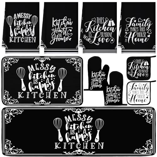 Fourluoo 10 Pcs Happy Kitchen Decor Sets 4 Black and White Kitchen Dish Towels 2 Vintage Pot Holders 2 Oven Mitts Glove 2 Non Slip Rugs and Mats for Cooking Baking Grilling - color: Black and White, style: Messy Happy Kitchen