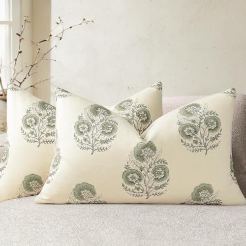 YCOLL Vintage Floral Print Pillow Covers 12x20 Set of 2 Patterned Accent Decorative Cushion Covers Modern Farmhouse Throw Pillow Covers for Sofa Couch Chair Bed Living Room Home Decor, Sage Green - color: Sage Green, size: 20" x 12" (Pack of 2)