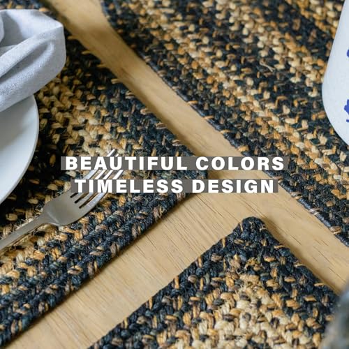 Homespice Kilimanjaro Jute Braided Placemats, Rect 13x19 Set of 6 | Black and Tan Everyday and Holiday Table Mats, Rich Colors, Reversible, Durable and Easy to Clean - color: Kilimanjaro