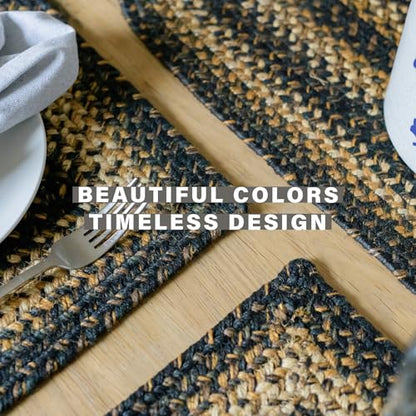 Homespice Kilimanjaro Jute Braided Placemats, Rect 13x19 Set of 6 | Black and Tan Everyday and Holiday Table Mats, Rich Colors, Reversible, Durable and Easy to Clean - color: Kilimanjaro