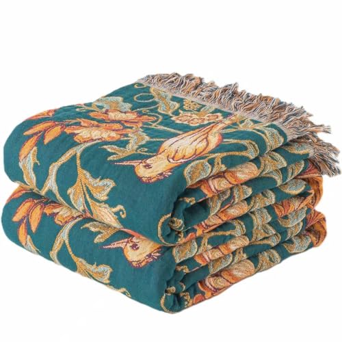 Phuryllic Boho Throw Blanket Twin Size, Soft Cozy Cotton Muslin Quilt Blanket for Bed Decor, Floral Patterned Couch Sofa Chair Cover, Vintage Farmhouse Cottage Tapestry Woven Blanket, Green&Orange - color: Avian Rhyme, size: 60" x 80"