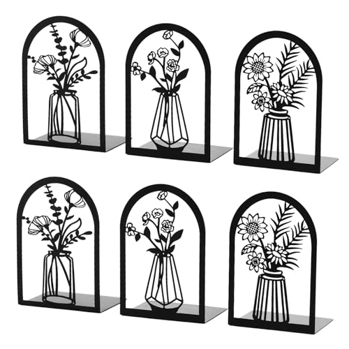 3 Pair Metal Bookends,Decorative Book Ends for Shelves,Non-Slip Book Stopper for Heavy Books,Flower Shelf Holder for Home School Office