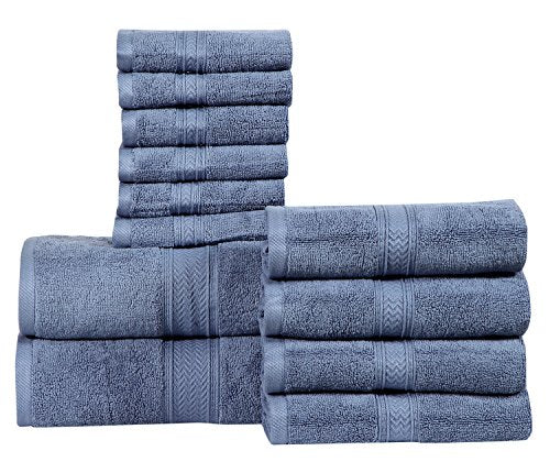 HILLFAIR 12 Piece- 600 GSM Cotton - Hotel Spa Towels Set- 2 Bath Towels, 4 Hand Towels, 6 Washcloths- Absorbent Super Soft Cotton Towels Set- Blue- 100% Cotton - color: Wedgewood Blue, size: 12 Piece Towel Set