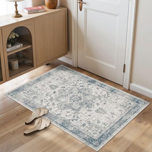 2x3 Blue Washable Entryway Rug,Small Door Mat for Bathroom Kitchen | Soft,low pile,stain resistant,small throw carpet, ideal for kitchen, hallway, nursery, laundry & bedside indoor spaces - color: Blue & Grey, size: 2' x 3' (Rectangular)