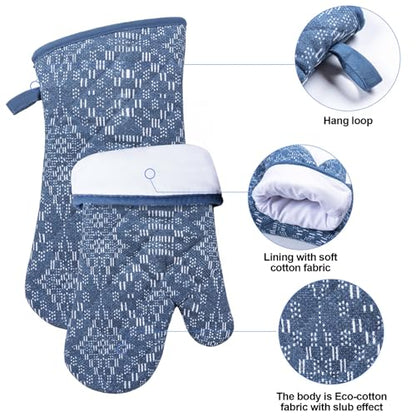 Oven Mitts and Pot Holders with Cooking Apron Set of 5, Heat Resistant Kitchen Gloves and Silicone Non-Slip Potholders (Dusty Blue) - color: Dusty Blue