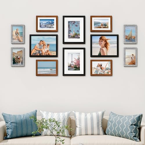 Vittanly 12 Pack Gallery Wall Frame Set, Black, Walnut Brown, Grey | Gallery Wall Frame Set: 4pcs 8x10, 4pcs 5x7 & 4pcs 4x6 Photos for Wall & Table, Picture Frames made of Engineered Wood - color: Black & Walnut Brown & Grey