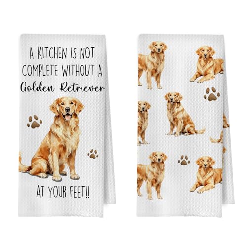 Golden Retriever Kitchen Towels Set - Funny Golden Retriever Gifts Decorative Waffle Weave Dish Towels, Dog Gifts Hand Towel, Dog Lover Tea Towel for Women, 16×24 Inches, Set of 2 - color: Golden Retriever