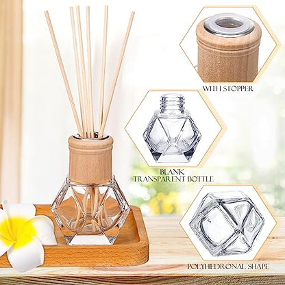 Roshtia 4 Set Reed Diffuser Bottle Empty Refillable Fragrance Glass Diffuser Bottles Set with Wooden Caps Rattan Sticks 50ml 1.7 oz Irregular Glass Jars for DIY Fragrance