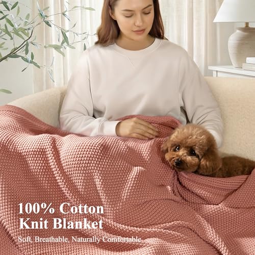 100% Cotton Cable Knit Throw Blanket, Lightweight Soft Knit Blanket for Sofa Couch Bed, Breathable All-Season Throw, Cozy Decorative Blanket, 50 x 60 Inch,Pink - color: Pink, size: Throw(50" X 60")