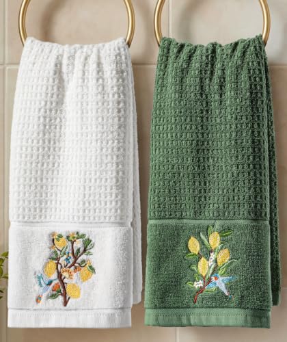 Cotton Embroidered Hand Towels for Bathroom Set of 2, Lemon Bird | Quick-Dry Waffle Weave, Terry Cloth, 16x26 Absorbent Decorative Towel, Cottagecore Decor for Home Kitchen, Guest Bath, Gifts - color: Lemon Bird